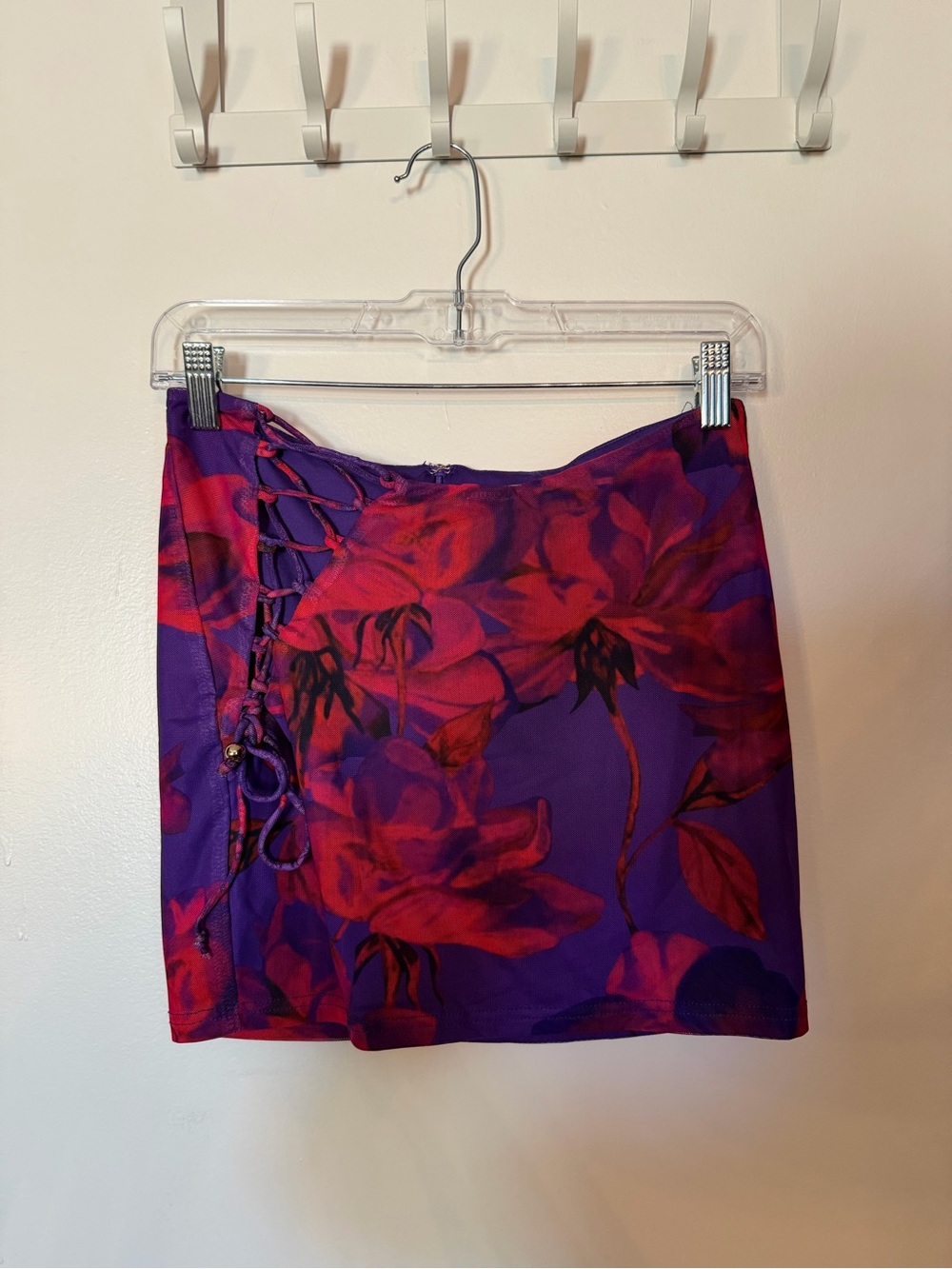 Purple & Red Floral Mini Lace Up Skirt - Picture 2 of 7